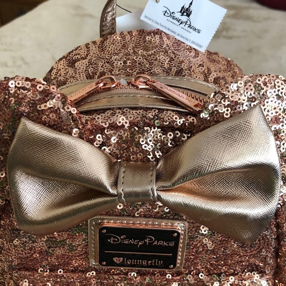 NWT Loungefly Disney Minnie Rose Gold Pink Sequin Mini Backpack Rare Heart Logo - Picture 2 of 8
